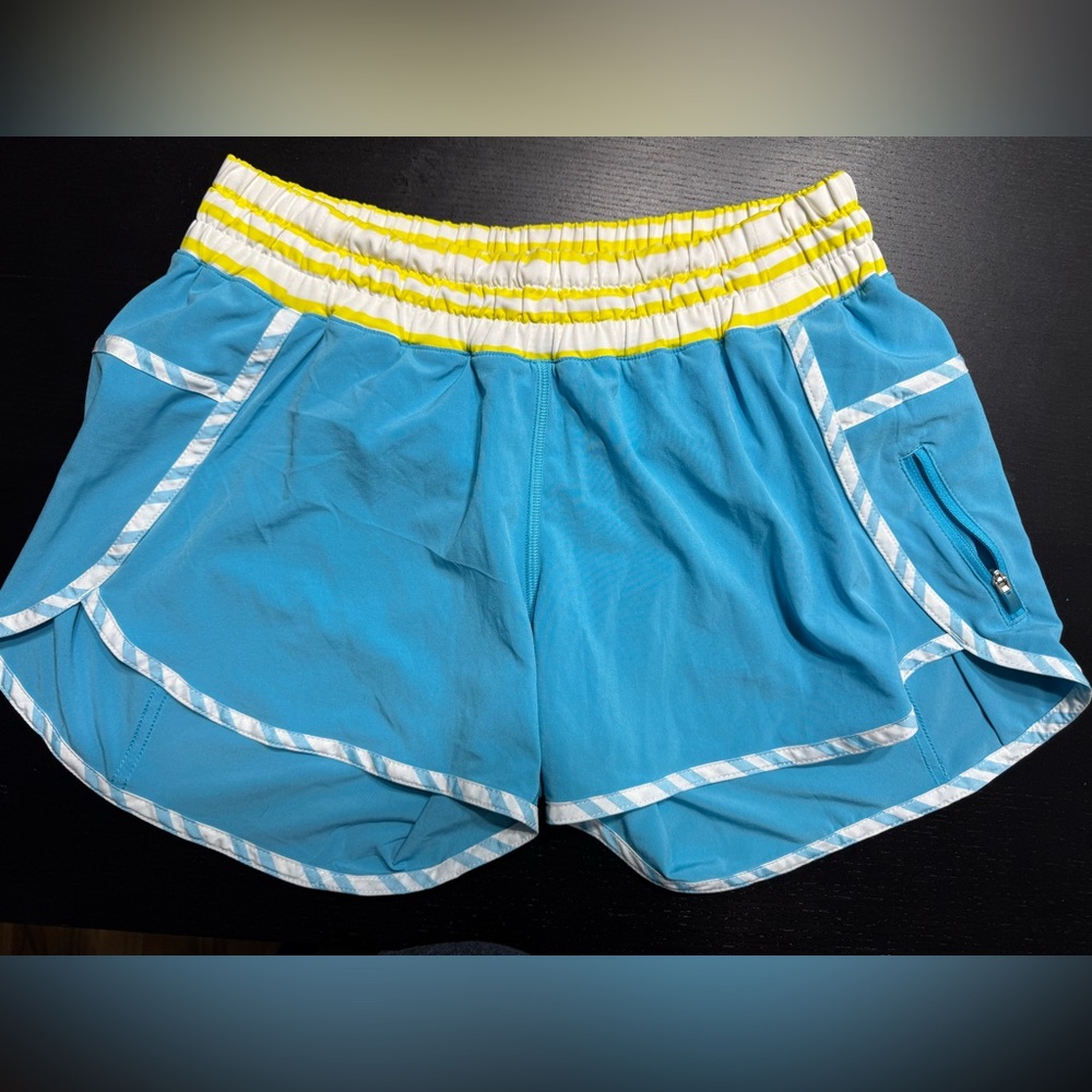 Rare Lululemon Speed Shorts Turquoise / Yellow Stripe Waistband -